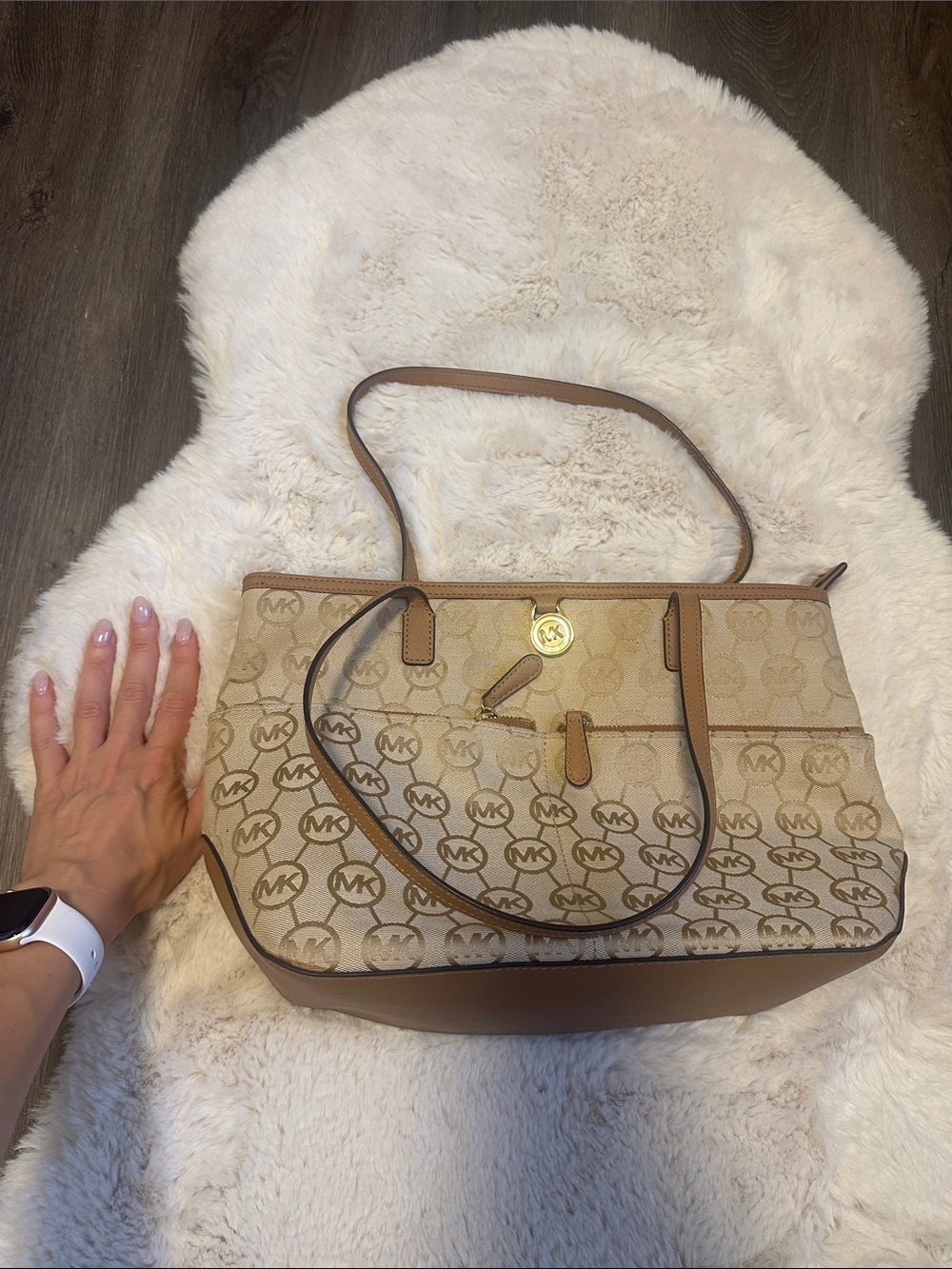 Michael Kors Tan & Beige MK Logo Canvas Tote - Picture 8 of 8